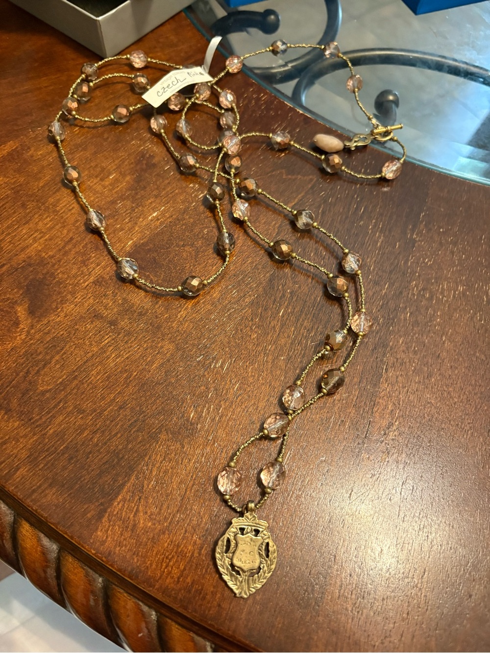 Glass Pink Beaded Pendant Necklace - Gold Accent